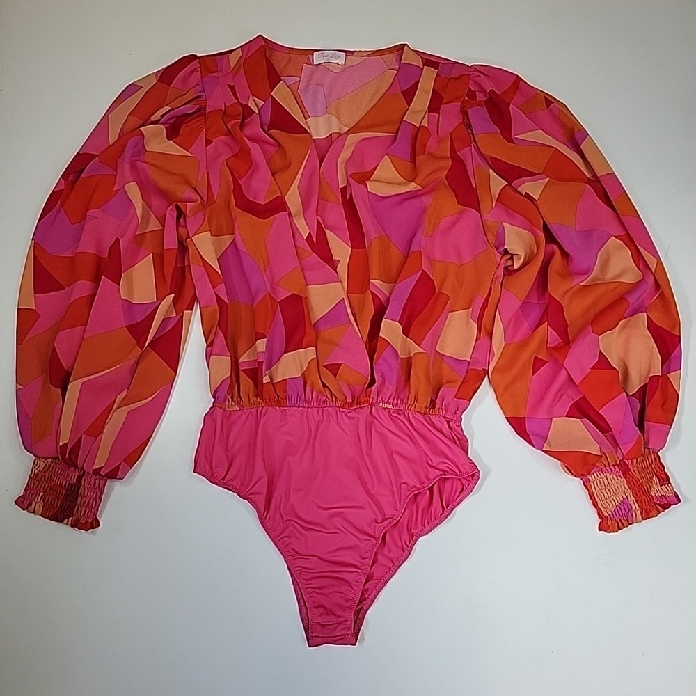 Pink Lily Multicolor Pink Bodysuit ‎ Sz L Barbiecore Puffy Sleeves Billowy Comfy